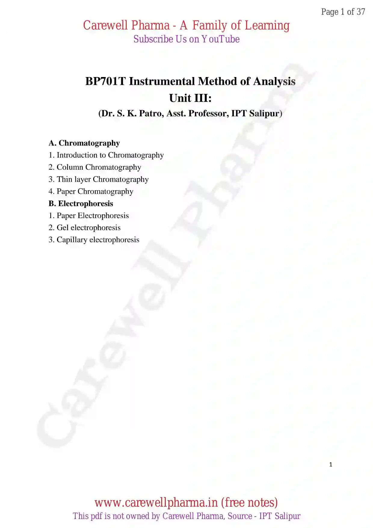 Unit 3, Instrumental Methods of Analysis, B Pharmacy 7th Sem, Carewell Pharma